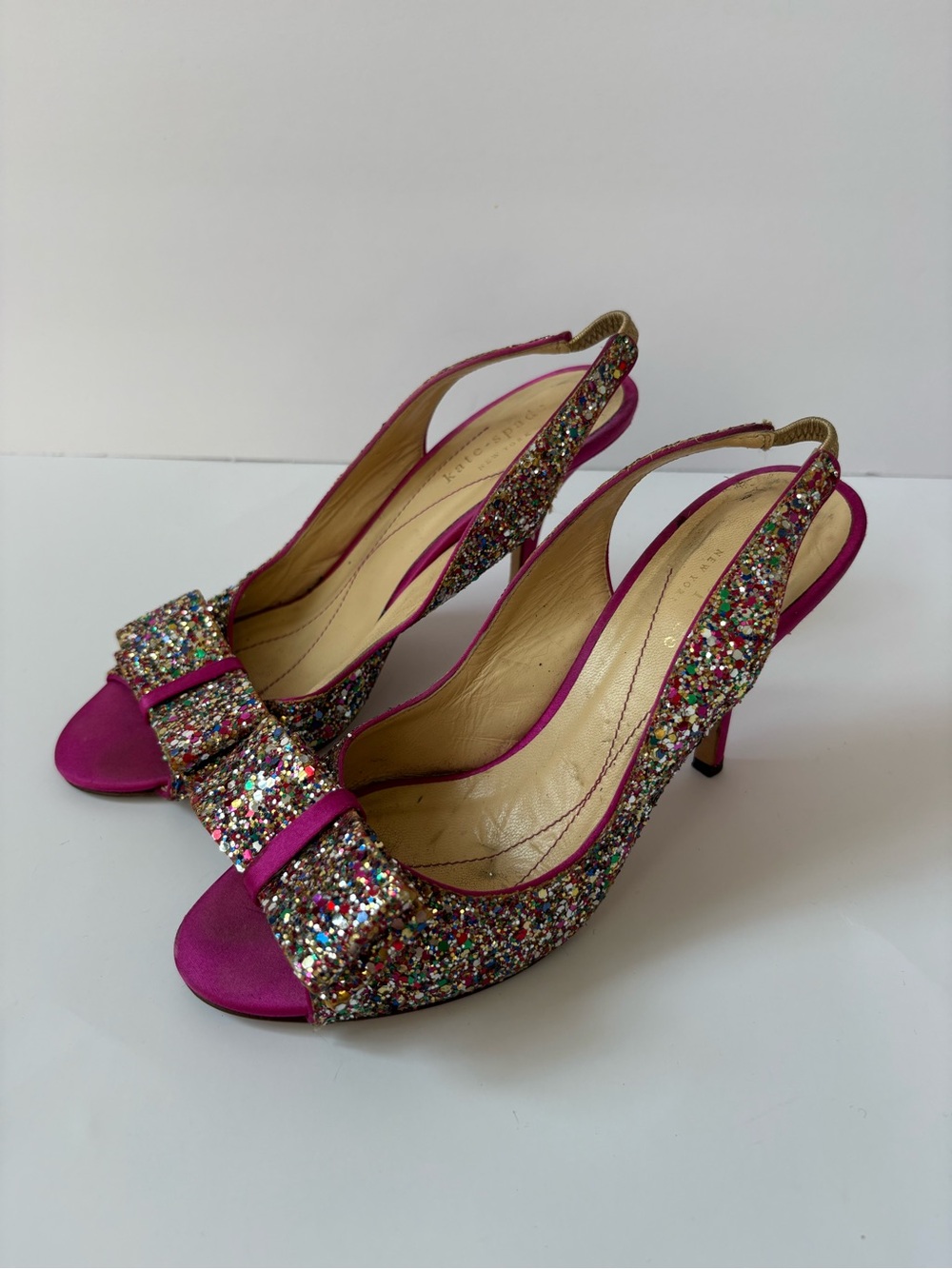 Kate Spade Glitter/Sparkle Hot Pink Slingback Satin Heels 6.5 Party Statement
